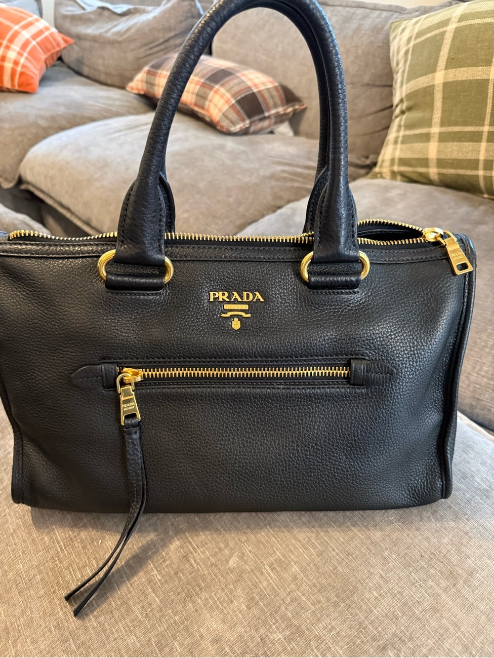 Prada Vitello Daino Pebbled Leather Top-Handle Satchel with Gold Hardware